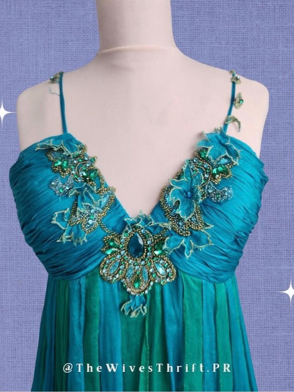 Teal Beaded Spaghetti Strap Evening Dress